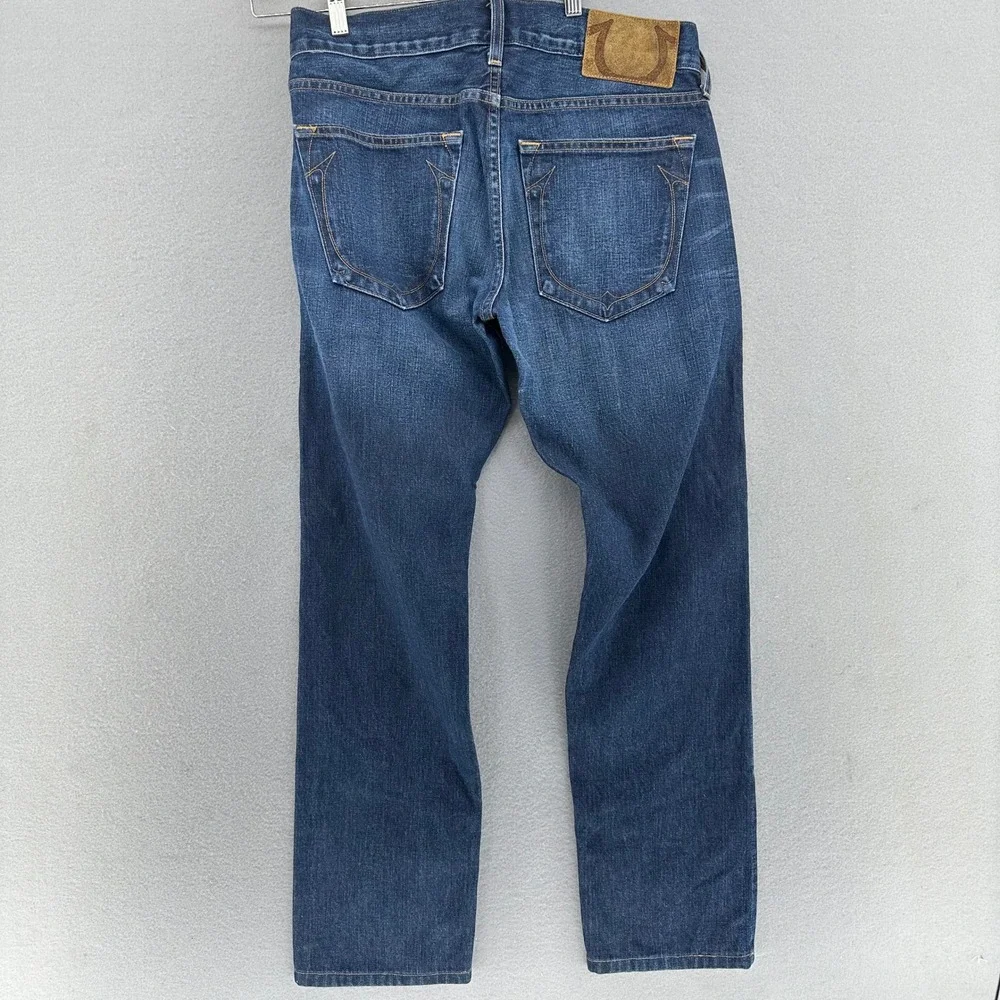 True Religion Geno Jeans Made In USA Dark Wash Denim 32x29 Whiskers Fade Leather - Picture 3 of 10